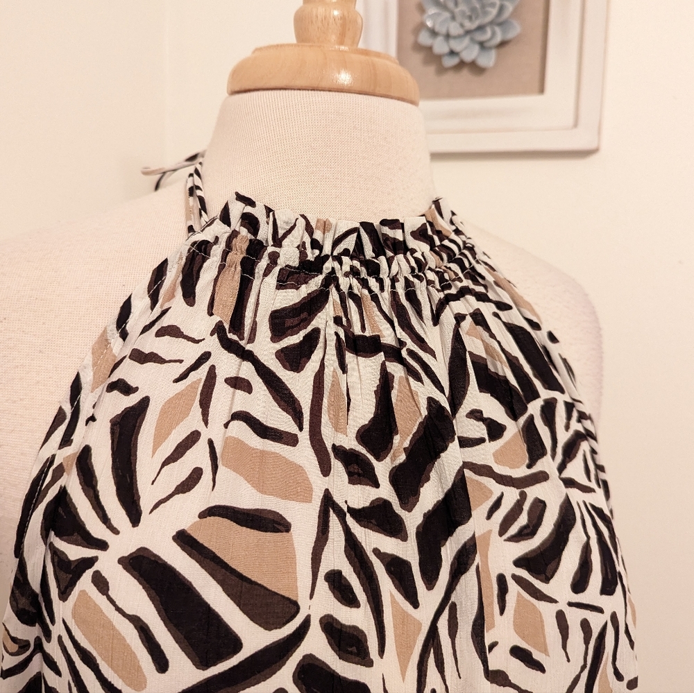 LOFT Beach Leafed Halter Ruffle Backless Maxi Dress Medium White Tan Brown - Picture 6 of 11